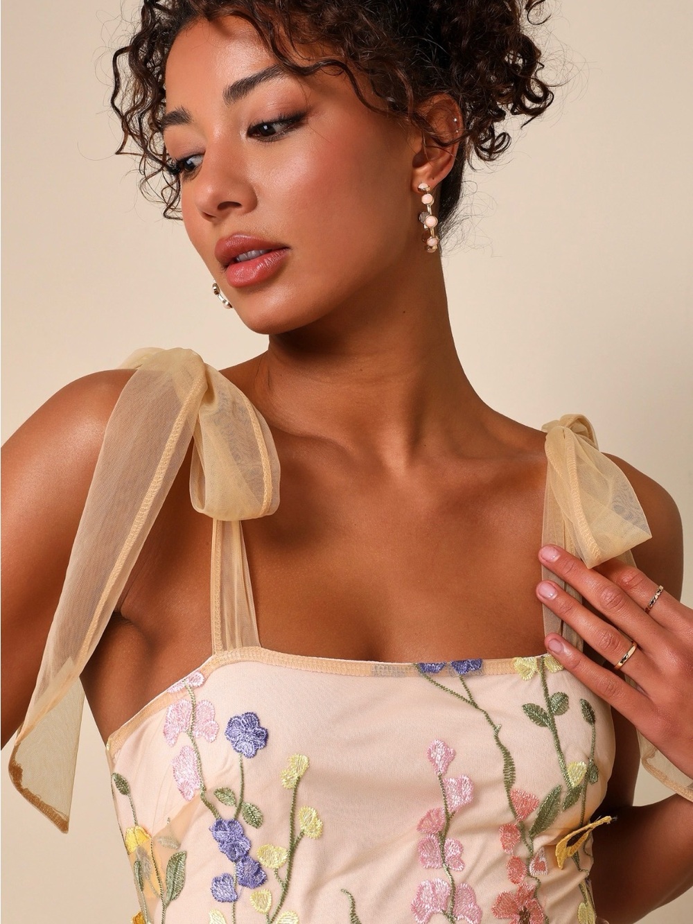 Lulu's Cream Maxi Dress with Multicolor Floral Embroidery and Tie Straps - Picture 3 of 4